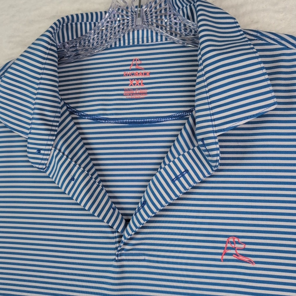 Rhoback Polo Shirt Mens 2XL Blue White Stripe Golf Performance Logo Pink Dog